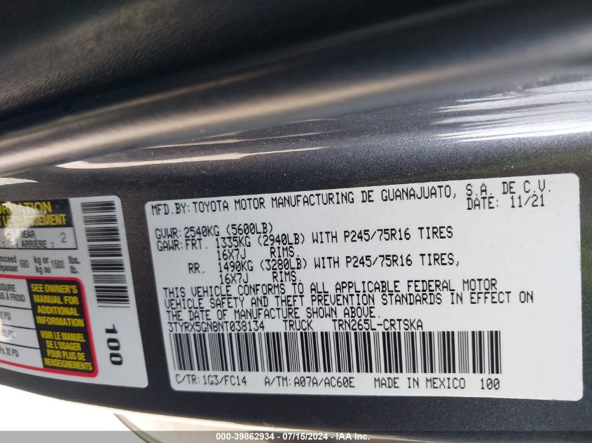 2022 Toyota Tacoma Sr5 VIN: 3TYRX5GN8NT038134 Lot: 39862934