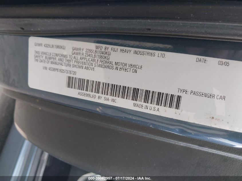 2005 Subaru Legacy 2.5I VIN: 4S3BP616257378720 Lot: 39862957
