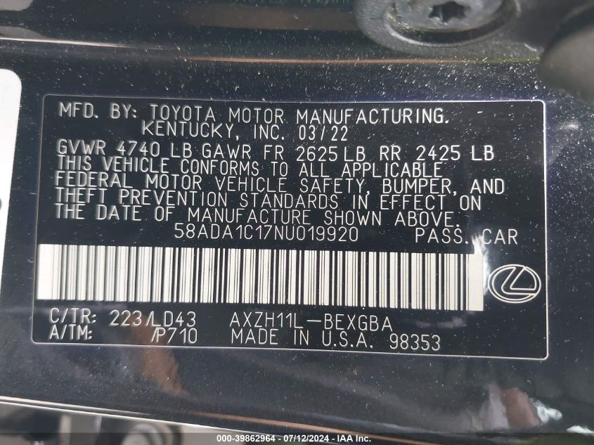 2022 Lexus Es 300H VIN: 58ADA1C17NU019920 Lot: 39862964