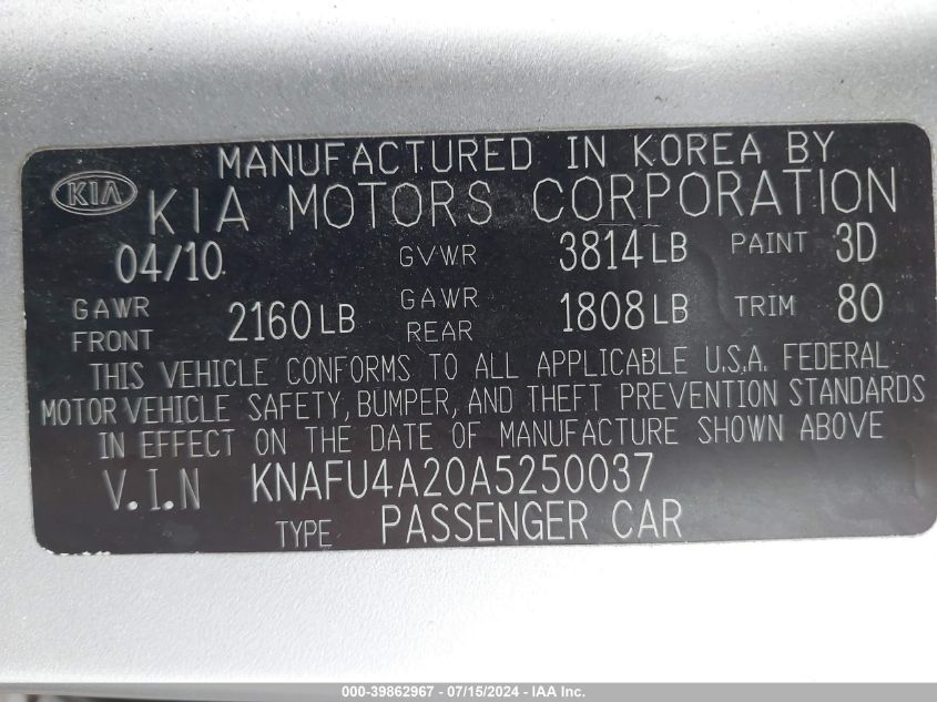2010 Kia Forte Ex VIN: KNAFU4A20A5250037 Lot: 39862967