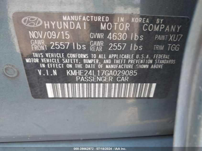 2016 Hyundai Sonata Hybrid Hybrid/Se VIN: KMHE24L17GA029085 Lot: 39862972