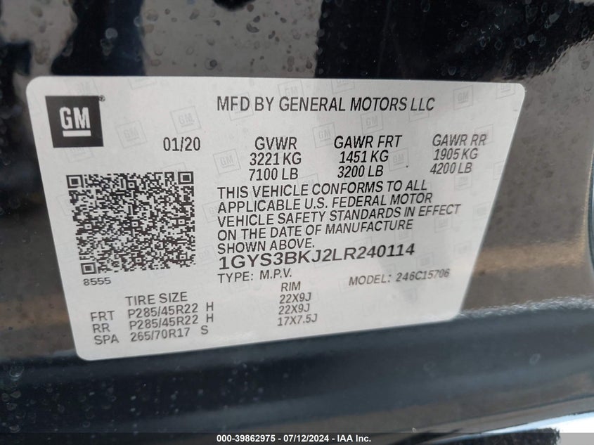 2020 Cadillac Escalade 2Wd Luxury VIN: 1GYS3BKJ2LR240114 Lot: 39862975