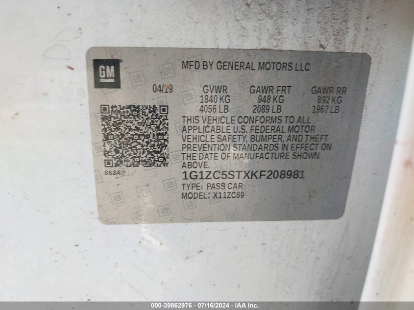 2019 Chevrolet Malibu 1Fl VIN: 1G1ZC5STXKF208981 Lot: 39862976