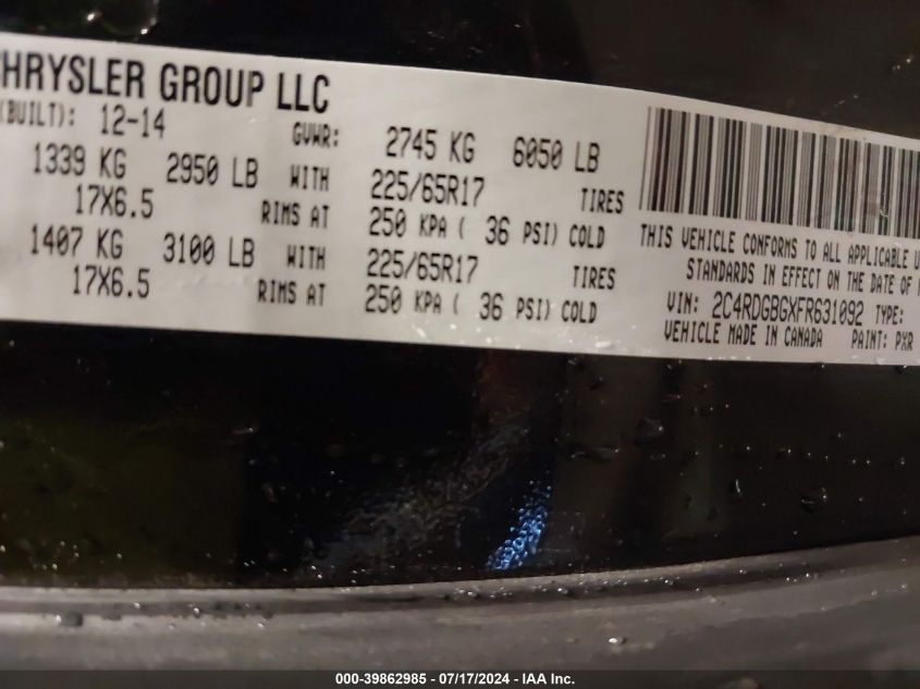 2015 Dodge Grand Caravan Se VIN: 2C4RDGBGXFR631092 Lot: 39862985