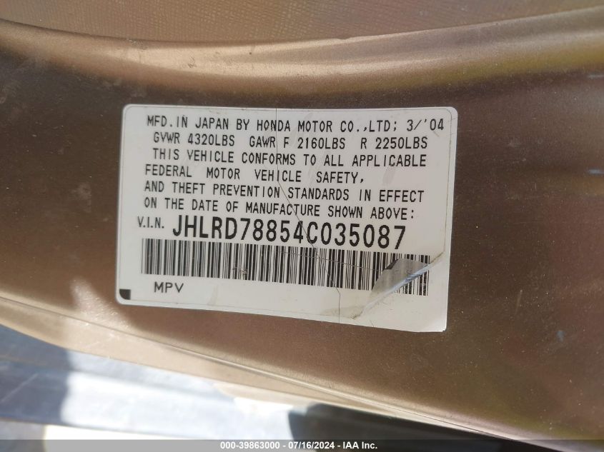 2004 Honda Cr-V Ex VIN: JHLRD78854C035087 Lot: 39863000