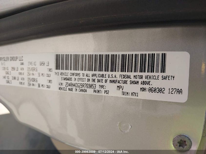 2011 Dodge Grand Caravan Express VIN: 2D4RN4DG2BR769053 Lot: 39863009