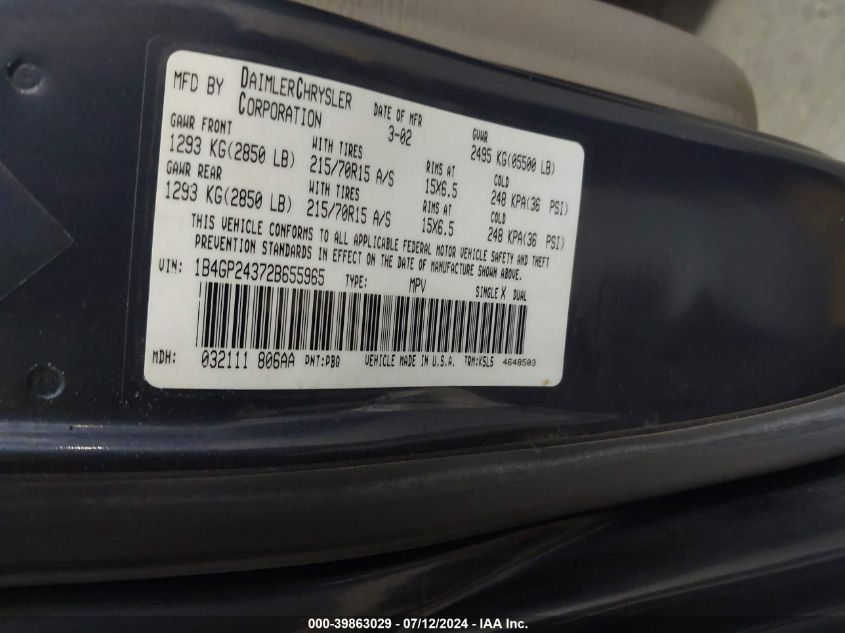 2002 Dodge Grand Caravan Se VIN: 1B4GP24372B655965 Lot: 39863029