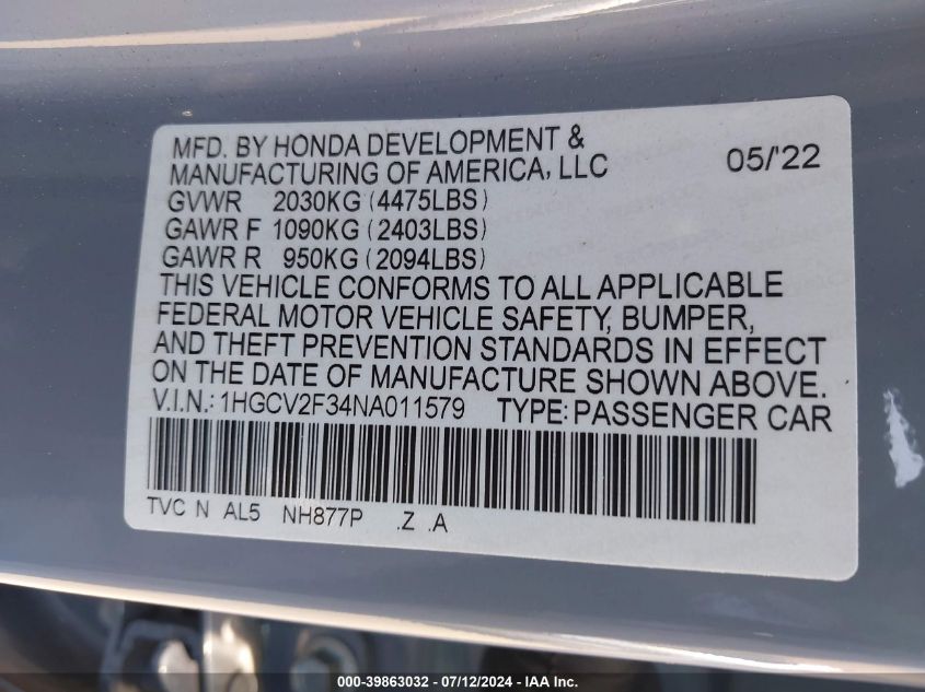 2022 Honda Accord Sport 2.0T VIN: 1HGCV2F34NA011579 Lot: 39863032