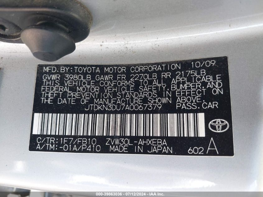 2010 Toyota Prius I VIN: JTDKN3DU7A0067379 Lot: 39863036