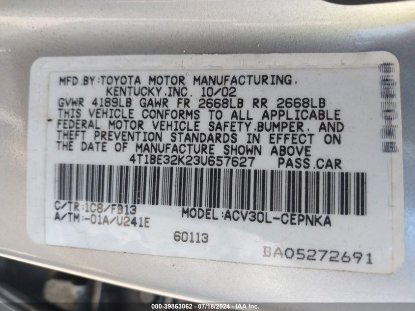 2003 Toyota Camry Le VIN: 4T1BE32K23U657627 Lot: 39863062