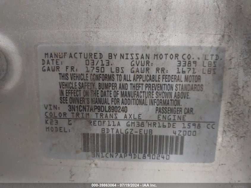 2013 Nissan Versa 1.6 Sl VIN: 3N1CN7AP9DL890240 Lot: 39863064