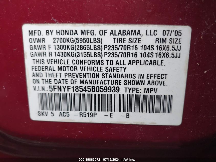 2005 Honda Pilot Ex-L VIN: 5FNYF18545B059939 Lot: 39863072