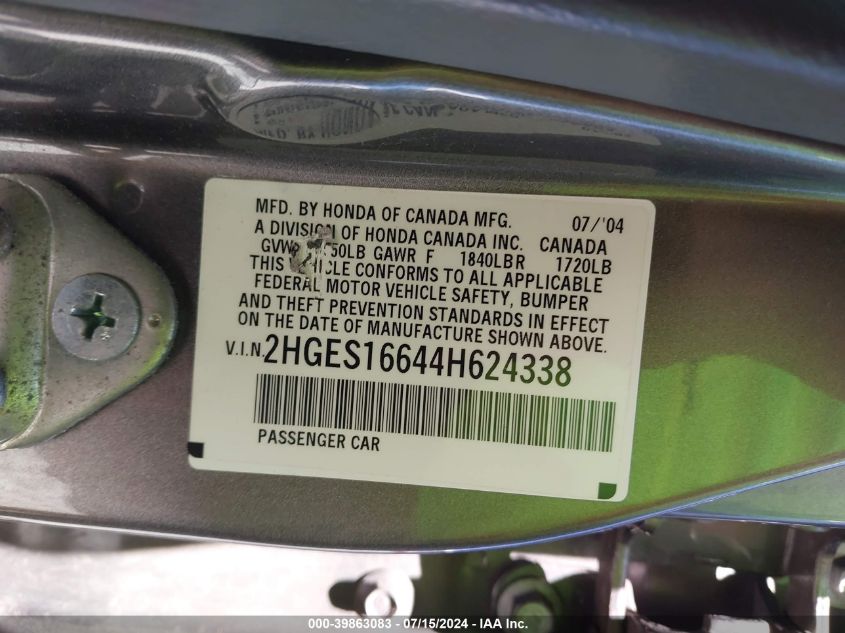 2004 Honda Civic Lx VIN: 2HGES16644H624338 Lot: 39863083