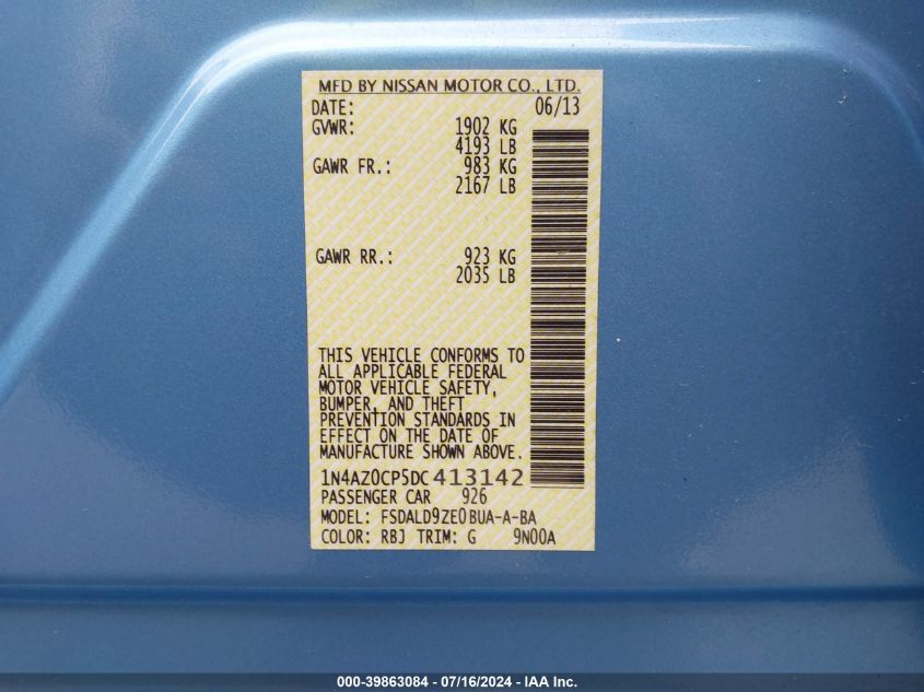 2013 Nissan Leaf Sv VIN: 1N4AZ0CP5DC413142 Lot: 39863084