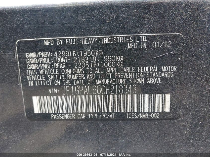 2012 Subaru Impreza 2.0I Sport Premium VIN: JF1GPAL66CH218343 Lot: 39863105