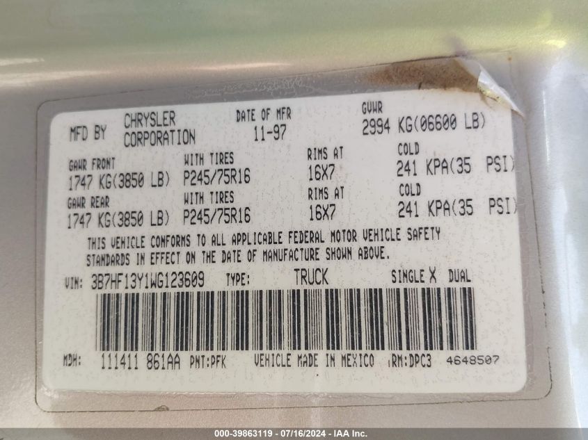 1998 Dodge Ram 1500 VIN: 3B7HF13Y1WG123609 Lot: 39863119