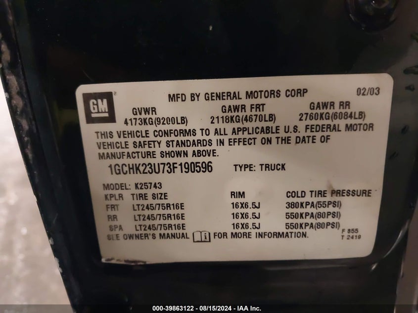 2003 Chevrolet Silverado 2500Hd Lt VIN: 1GCHK23U73F190596 Lot: 39863122