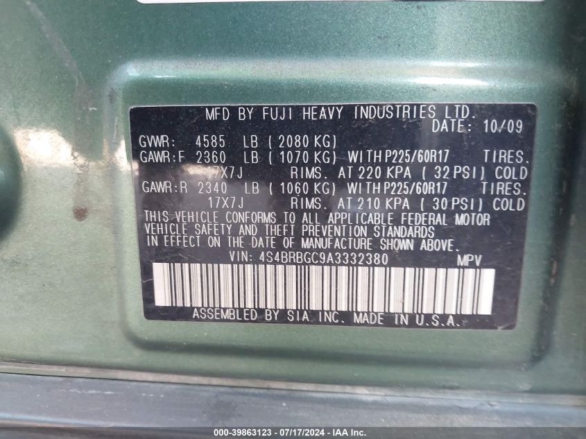 2010 Subaru Outback 2.5I Premium VIN: 4S4BRBGC9A3332380 Lot: 39863123