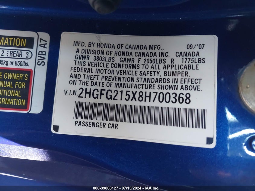 2008 Honda Civic Si VIN: 2HGFG215X8H700368 Lot: 39863127