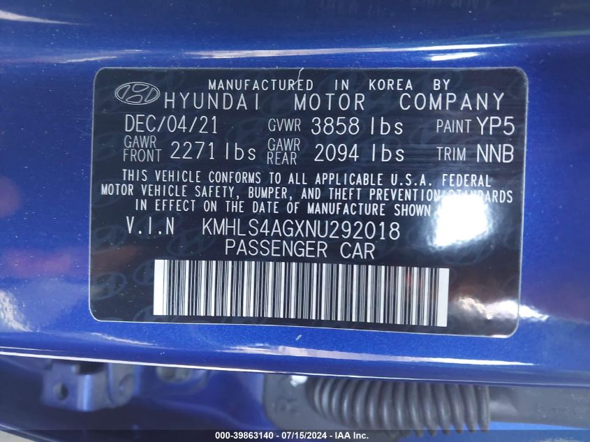 2022 Hyundai Elantra Sel VIN: KMHLS4AGXNU292018 Lot: 39863140