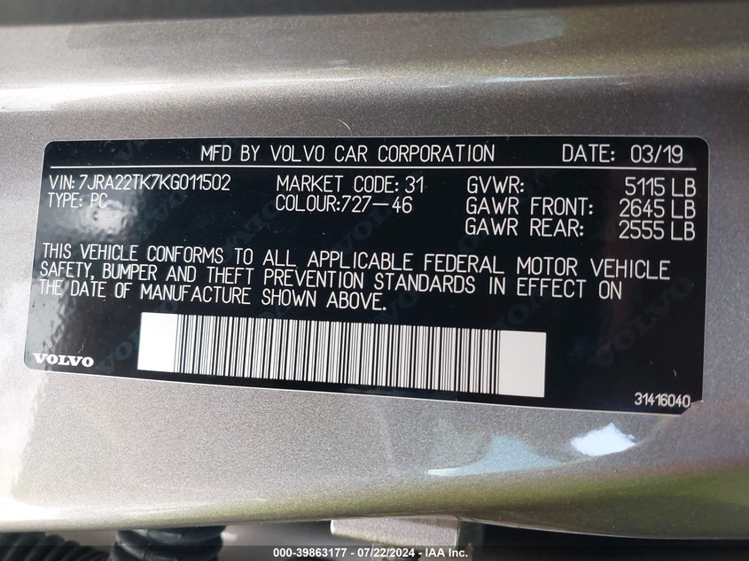 VIN 7JRA22TK7KG011502 2019 VOLVO S60 T6 MOMENTUM