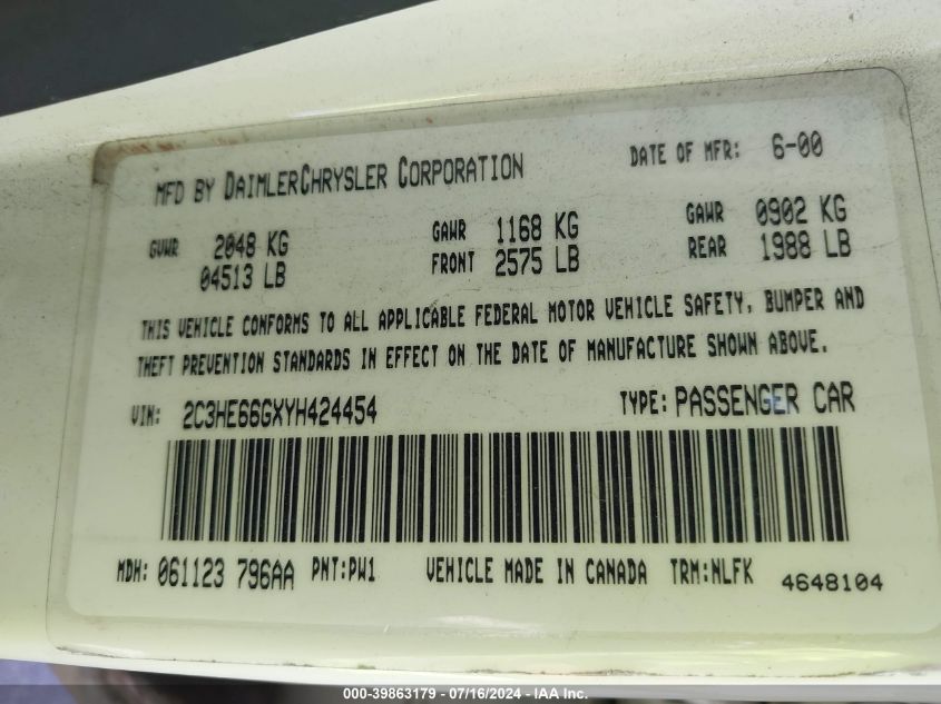 2000 Chrysler 300M VIN: 2C3HE66GXYH424454 Lot: 39863179