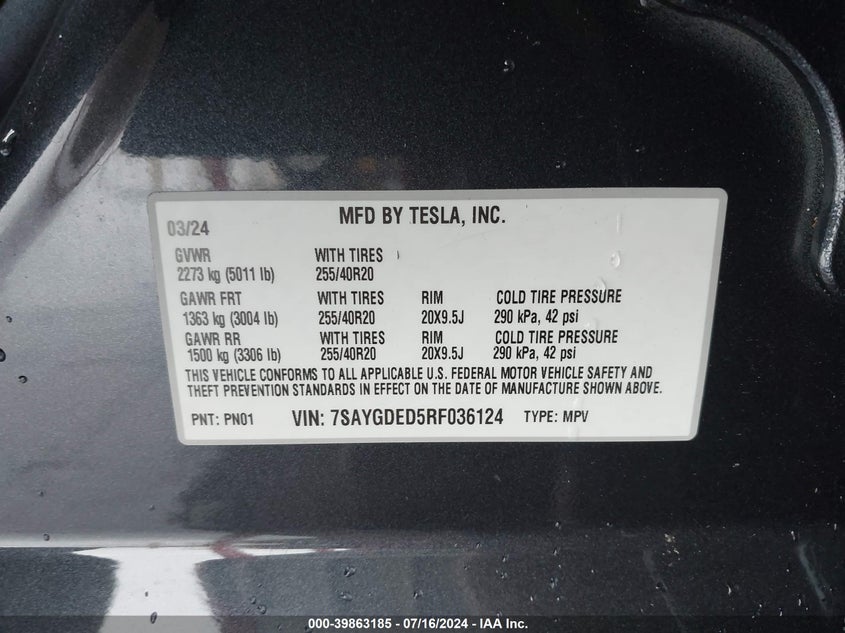 VIN 7SAYGDED5RF036124 2024 TESLA MODEL Y