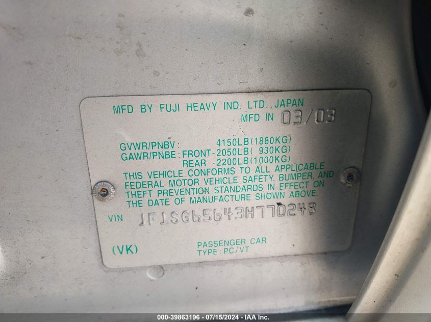 2003 Subaru Forester Xs VIN: JF1SG65643H770248 Lot: 39863196