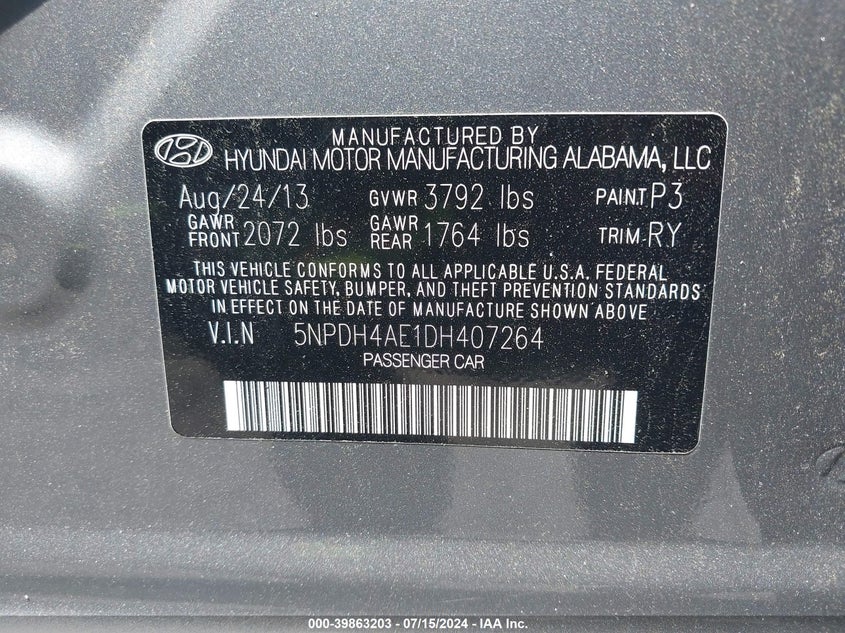 2013 Hyundai Elantra Limited VIN: 5NPDH4AE1DH407264 Lot: 39863203