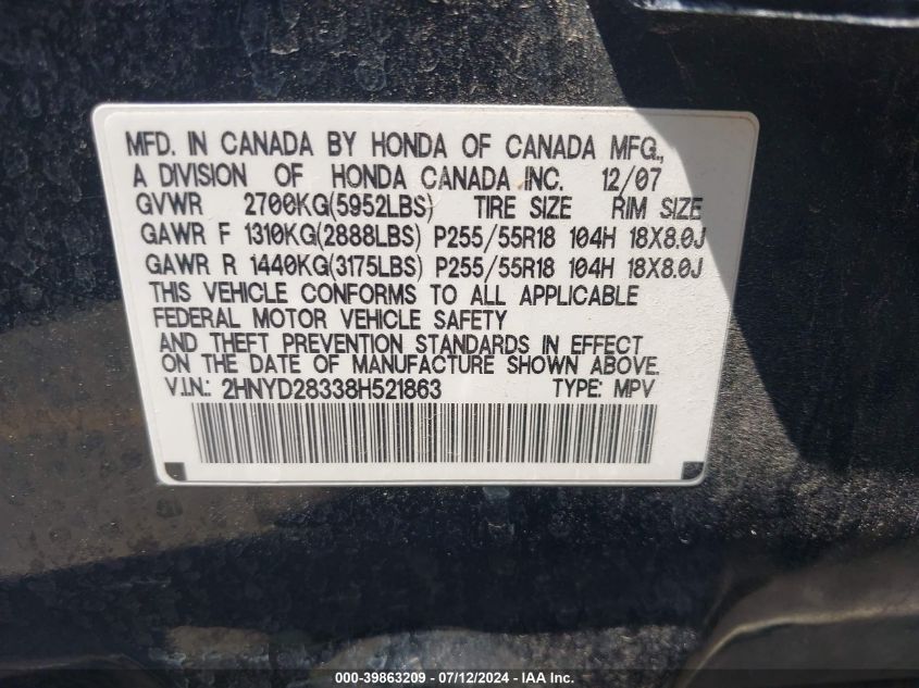 2008 Acura Mdx Technology VIN: 2HNYD28338H521863 Lot: 39863209