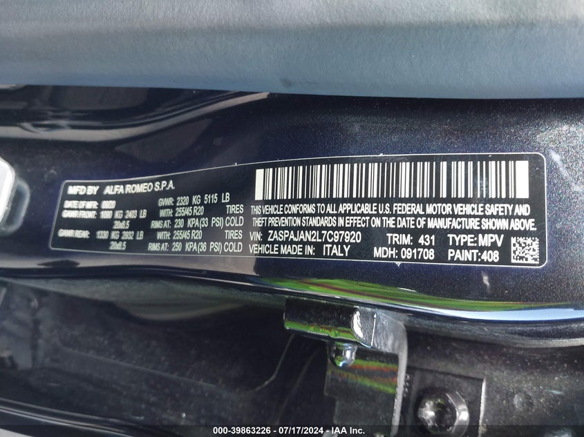 2020 ALFA ROMEO STELVIO RWD - ZASPAJAN2L7C97920