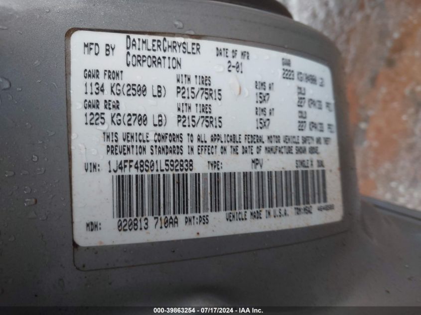 2001 Jeep Cherokee Sport VIN: 1J4FF48S01L592838 Lot: 39863254