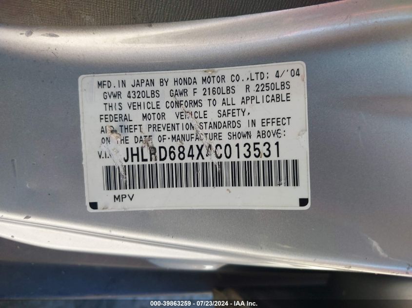 2004 Honda Cr-V Lx VIN: JHLRD684X4C013531 Lot: 39863259