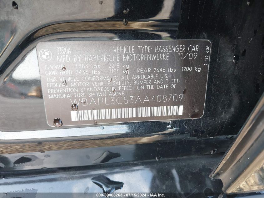 2010 BMW 335I xDrive VIN: WBAPL3C53AA408709 Lot: 39863263