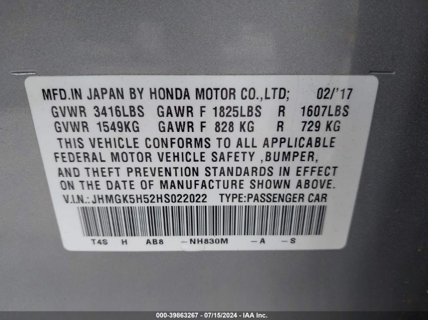 2017 Honda Fit Lx VIN: JHMGK5H52HS022022 Lot: 39863267