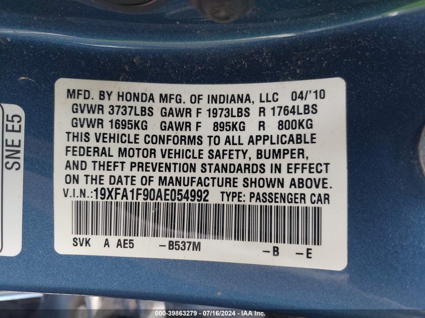 2010 Honda Civic Ex-L VIN: 19XFA1F90AE054992 Lot: 39863279