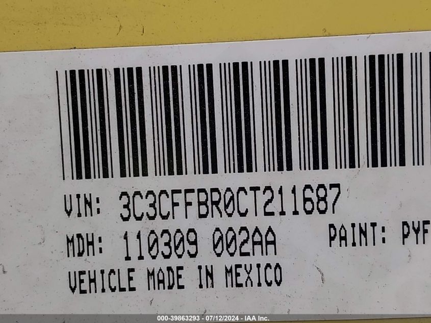 2012 Fiat 500 Sport VIN: 3C3CFFBR0CT211687 Lot: 39863293