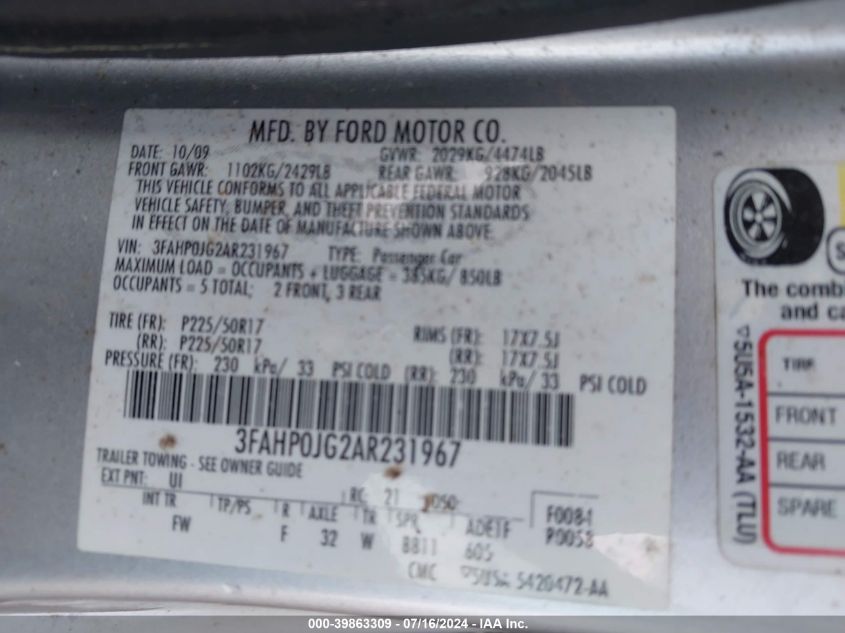 2010 Ford Fusion Sel VIN: 3FAHP0JG2AR231967 Lot: 39863309