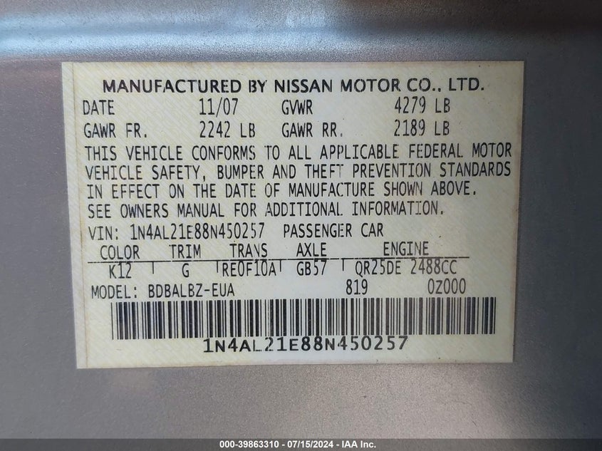 2008 Nissan Altima 2.5 S VIN: 1N4AL21E88N450257 Lot: 39863310