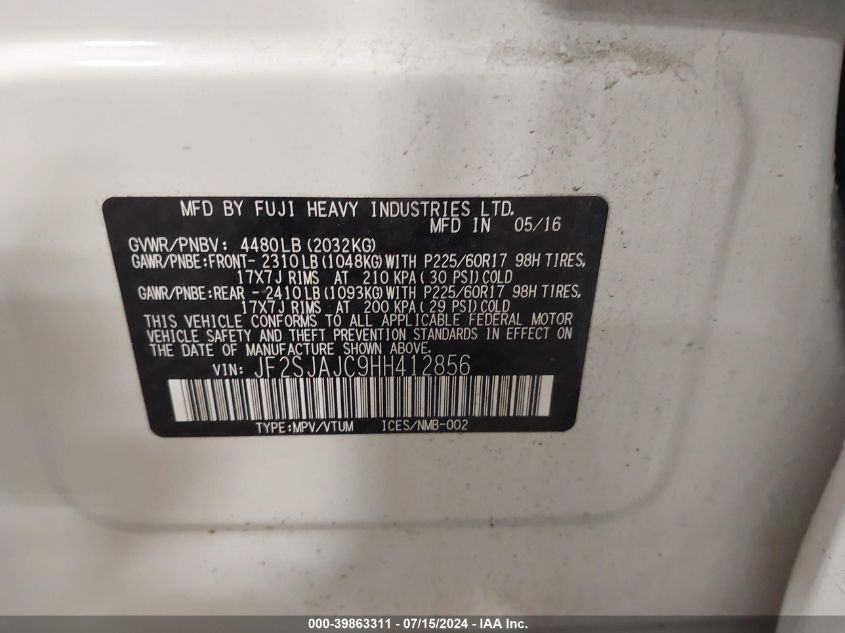 2017 Subaru Forester 2.5I Limited VIN: JF2SJAJC9HH412856 Lot: 39863311