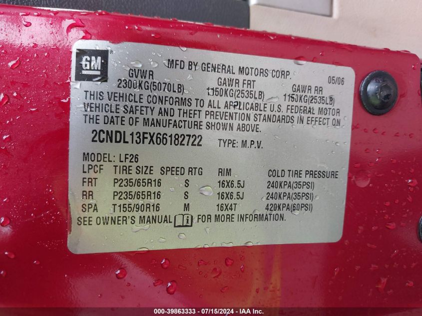 2006 Chevrolet Equinox Ls VIN: 2CNDL13FX66182722 Lot: 39863333