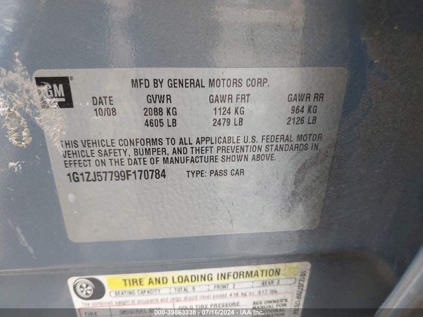 2009 Chevrolet Malibu Lt VIN: 1G1ZJ57799F170784 Lot: 39863338