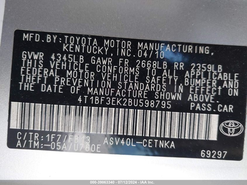 4T1BF3EK2BU598795 2011 Toyota Camry Le/Se/Xle