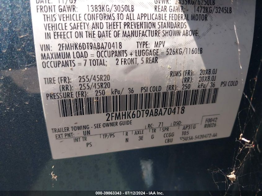 2010 Ford Flex Limited W/Ecoboost VIN: 2FMHK6DT9ABA70418 Lot: 39863343