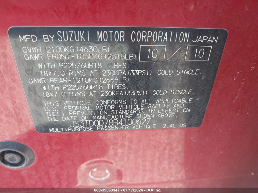 2011 Suzuki Grand Vitara Limited VIN: JS3TD0D78B4100627 Lot: 39863347