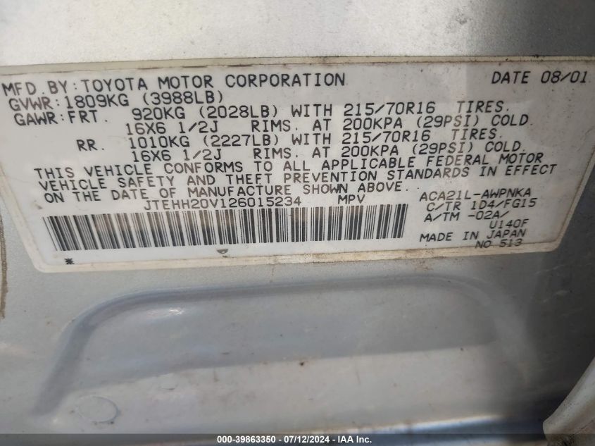 2002 Toyota Rav4 VIN: JTEHH20V126015234 Lot: 39863350