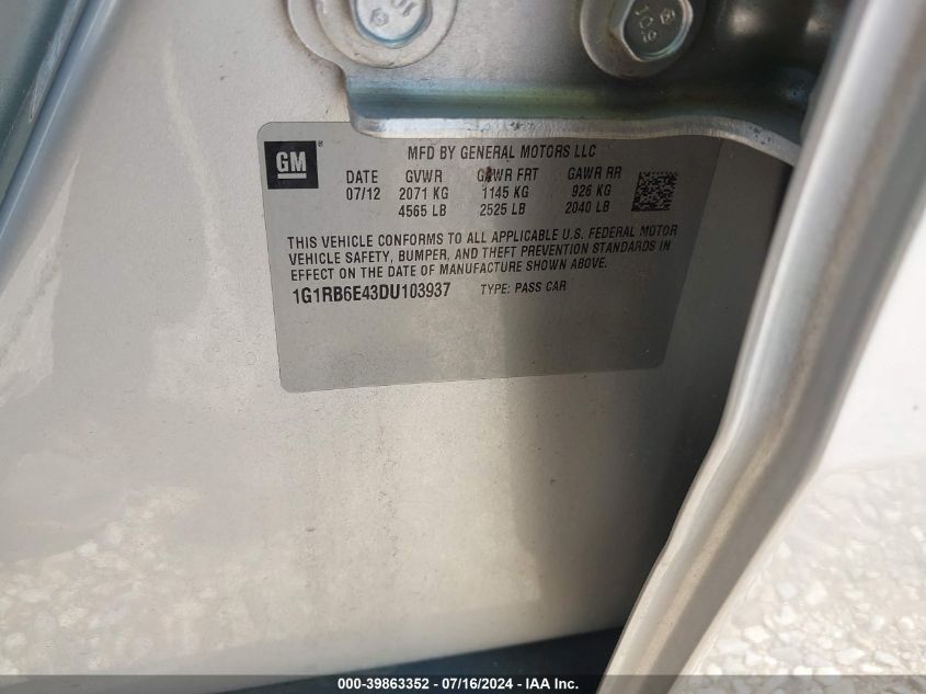 2013 Chevrolet Volt VIN: 1G1RB6E43DU103937 Lot: 39863352