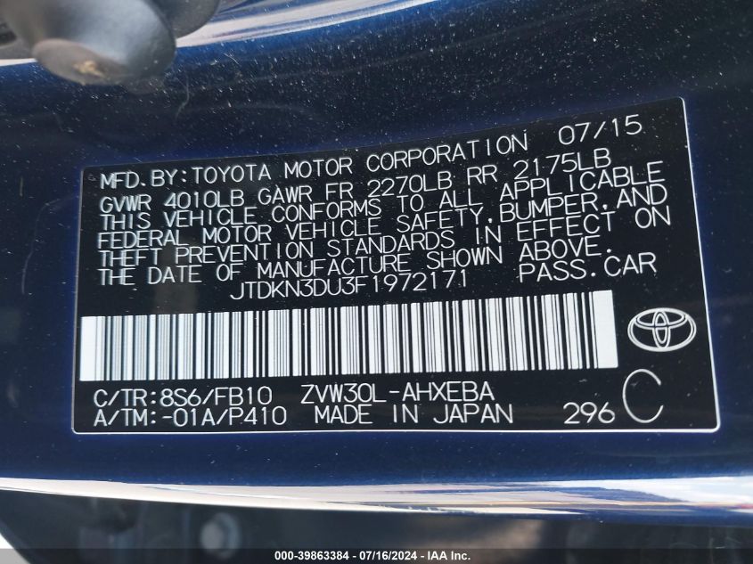 2015 Toyota Prius Two VIN: JTDKN3DU3F1972171 Lot: 39863384