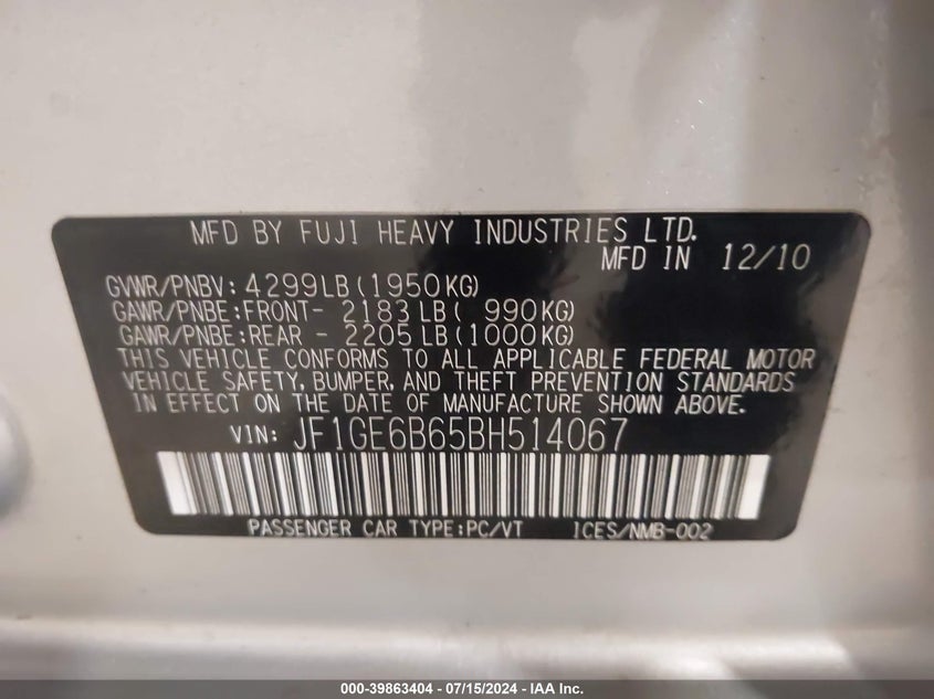 2011 Subaru Impreza 2.5I Premium VIN: JF1GE6B65BH514067 Lot: 39863404