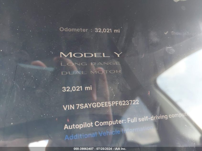 2023 Tesla Model Y Awd/Long Range Dual Motor All-Wheel Drive VIN: 7SAYGDEE5PF623722 Lot: 39863407